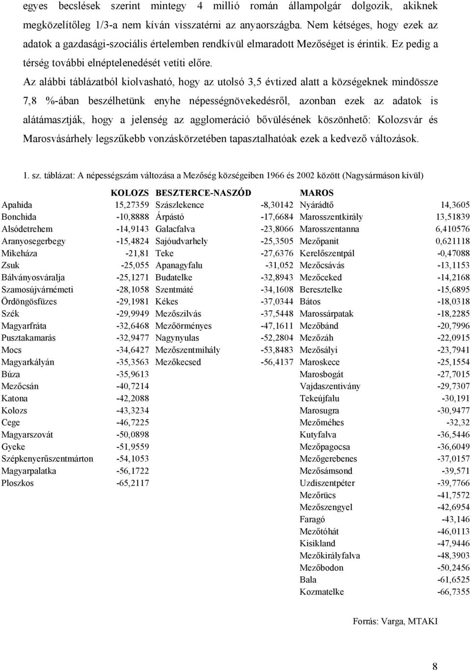 Az alábbi táblázatból kiolvasható, hogy az utolsó 3,5 évtized alatt a községeknek mindössze 7,8 %-ában beszélhetünk enyhe népességnövekedésről, azonban ezek az adatok is alátámasztják, hogy a