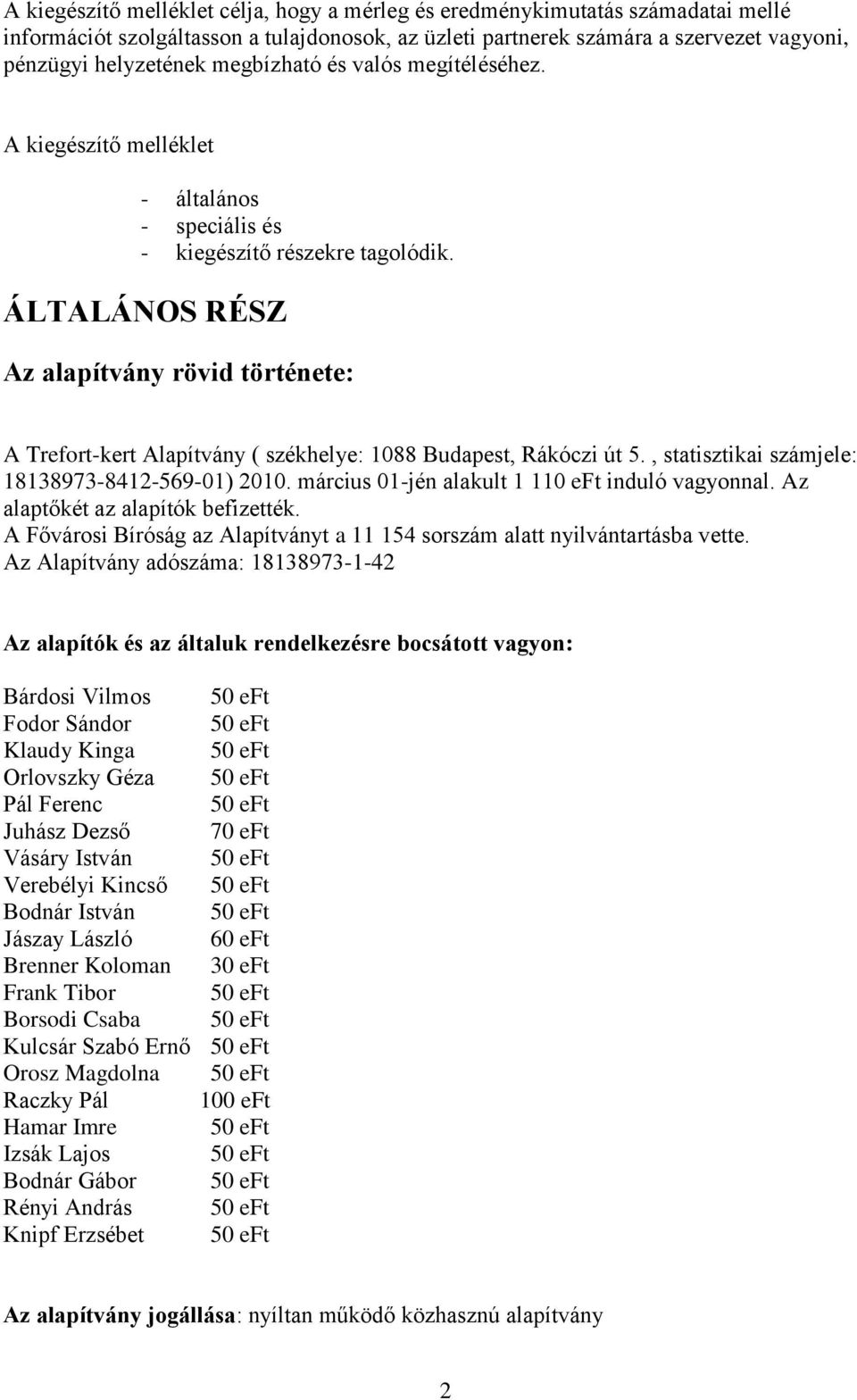 ÁLTALÁNOS RÉSZ Az alapítvány rövid története: A Trefort-kert Alapítvány ( székhelye: 1088 Budapest, Rákóczi út 5., statisztikai számjele: 18138973-8412-569-01) 2010.