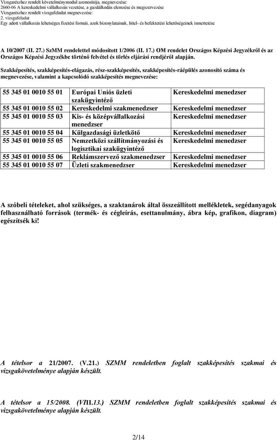 üzleti Kereskedelmi menedzser szakügyintéző 55 345 01 0010 55 02 Kereskedelmi szakmenedzser Kereskedelmi menedzser 55 345 01 0010 55 03 Kis- és középvállalkozási Kereskedelmi menedzser menedzser 55