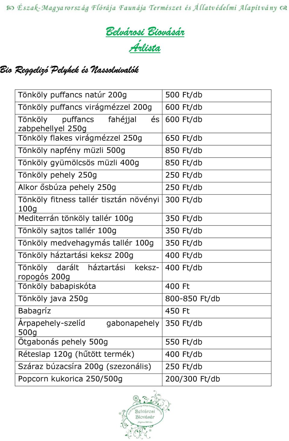 100g Tönköly medvehagymás tallér 100g Tönköly háztartási keksz 200g Tönköly darált háztartási kekszropogós 200g Tönköly babapiskóta Tönköly java 250g Babagríz Árpapehely-szelíd gabonapehely 500g