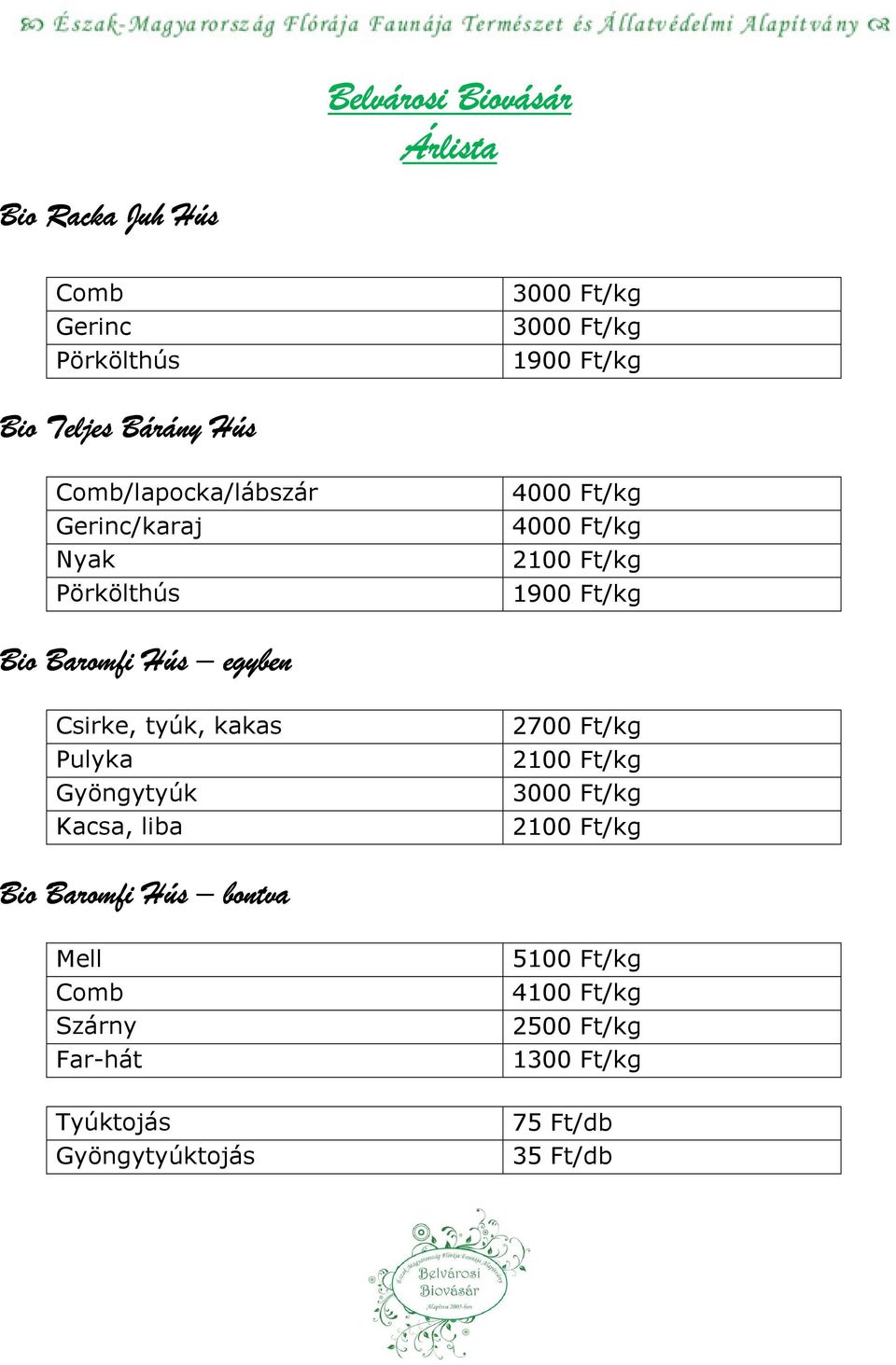 Csirke, tyúk, kakas Pulyka Gyöngytyúk Kacsa, liba 2700 Ft/kg 2100 Ft/kg 2100 Ft/kg Bio Baromfi Hús