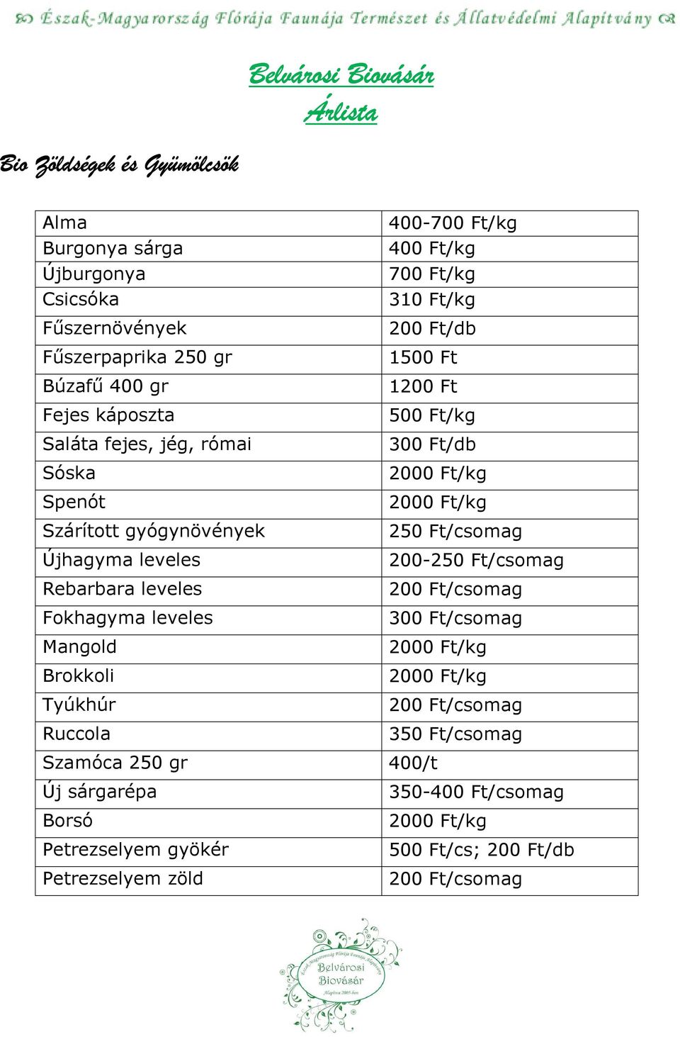 Újhagyma leveles 200-250 Ft/csomag Rebarbara leveles 200 Ft/csomag Fokhagyma leveles 300 Ft/csomag Mangold 2000 Ft/kg Brokkoli 2000 Ft/kg Tyúkhúr 200