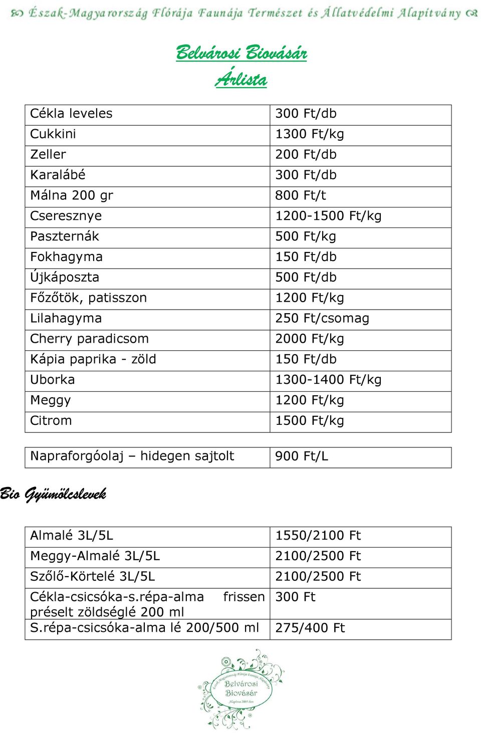 Ft/csomag 2000 Ft/kg 150 Ft/db 1300-1400 Ft/kg 1200 Ft/kg 1500 Ft/kg 900 Ft/L Bio Gyümölcslevek Almalé 3L/5L 1550/2100 Ft Meggy-Almalé 3L/5L