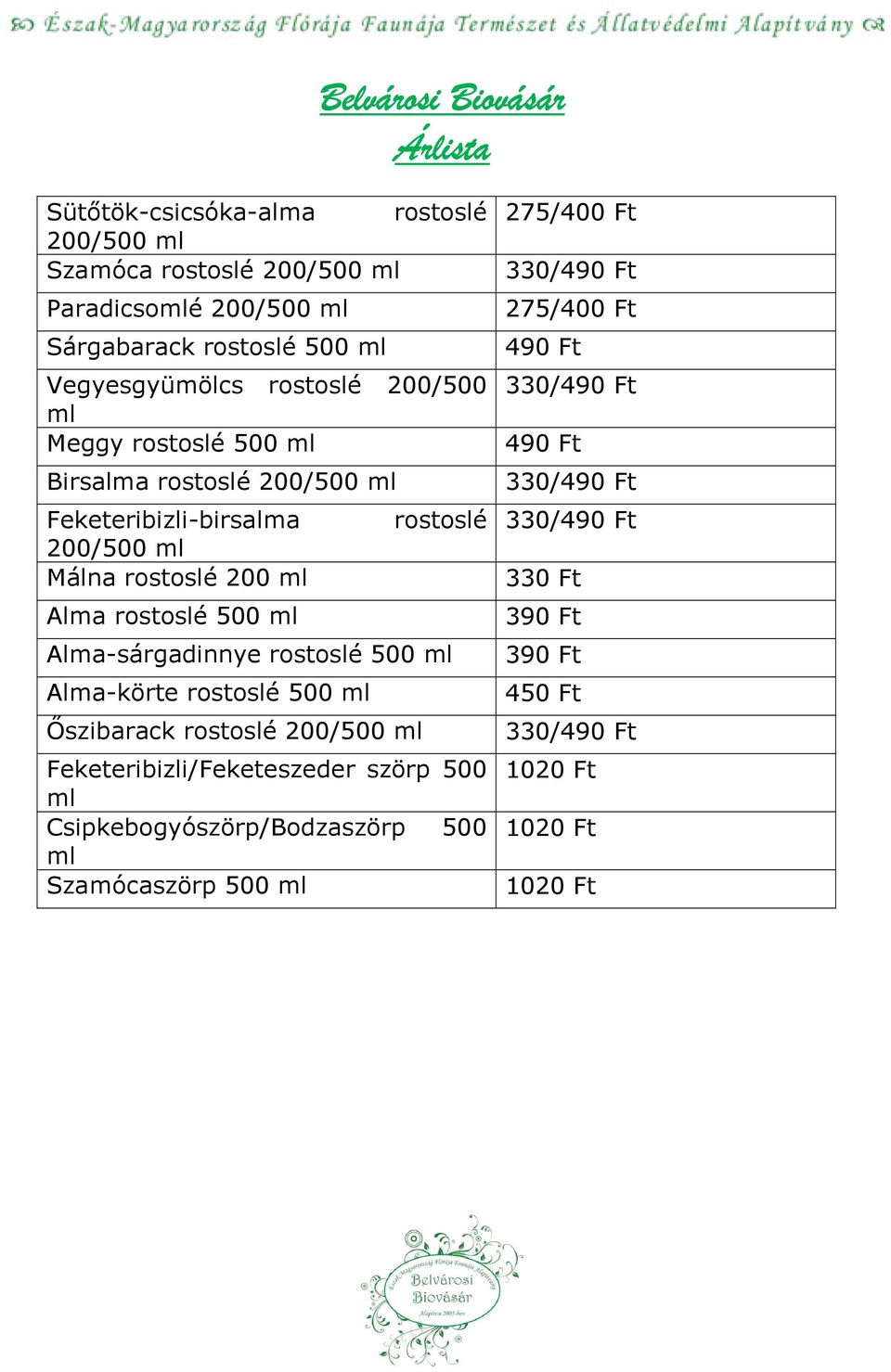 Alma-sárgadinnye rostoslé 500 ml Alma-körte rostoslé 500 ml İszibarack rostoslé 200/500 ml Feketeribizli/Feketeszeder szörp 500 ml