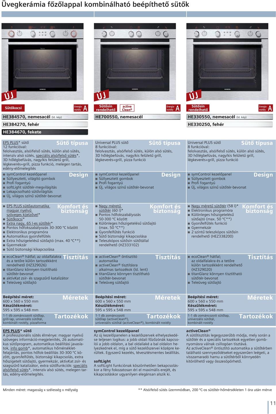 zsír- és szagszûrô katalizátor Teleüveg sütôajtó Sütô típusa EPS PLUS* sütô 12 funkcióval: felolvasztás, alsó/felsô sütés, külön alsó sütés, intenzív alsó sütés, speciális alsó/felsô sütés*, 3D