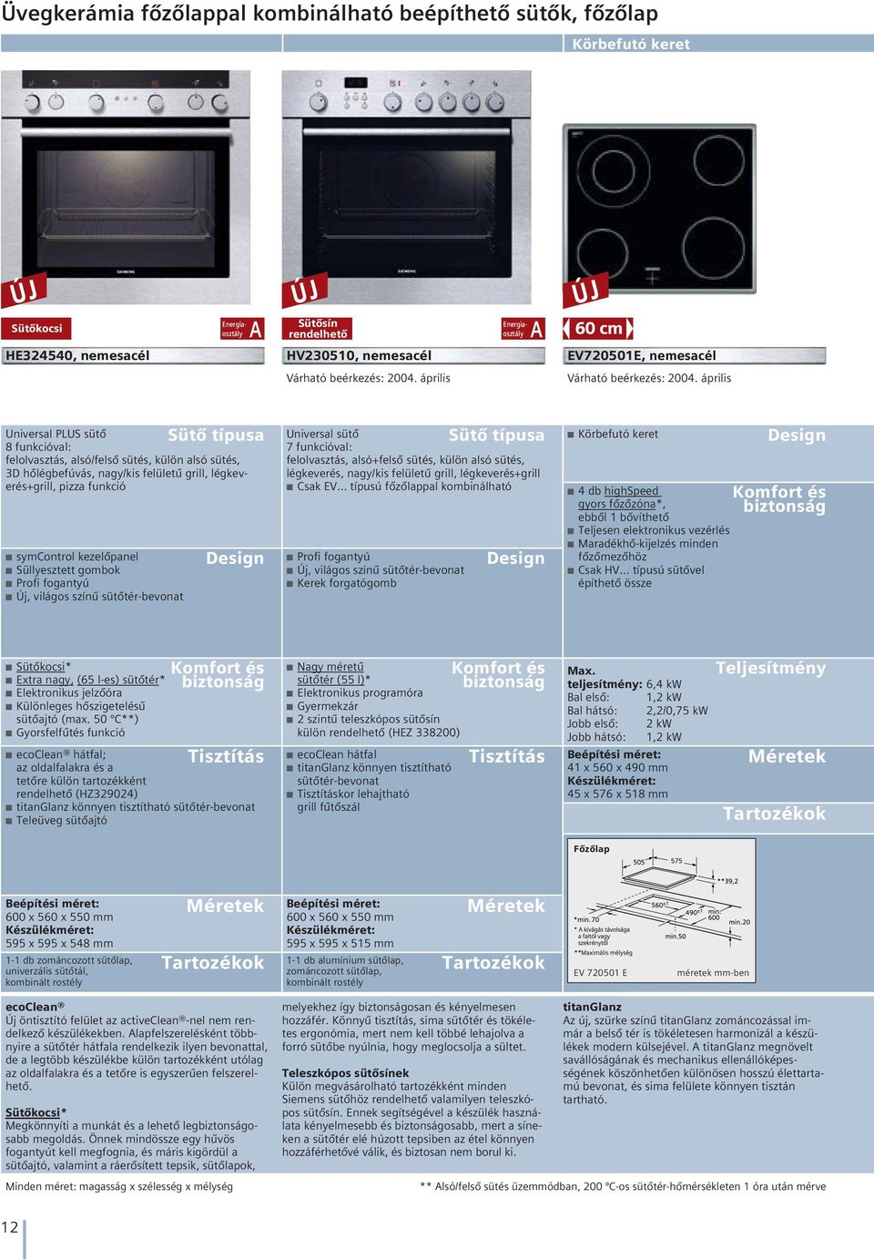 április Sütô típusa Universal PLUS sütô 8 funkcióval: felolvasztás, alsó/felsô sütés, külön alsó sütés, 3D hôlégbefúvás, nagy/kis felületû grill, légkeverés+grill, pizza funkció symcontrol