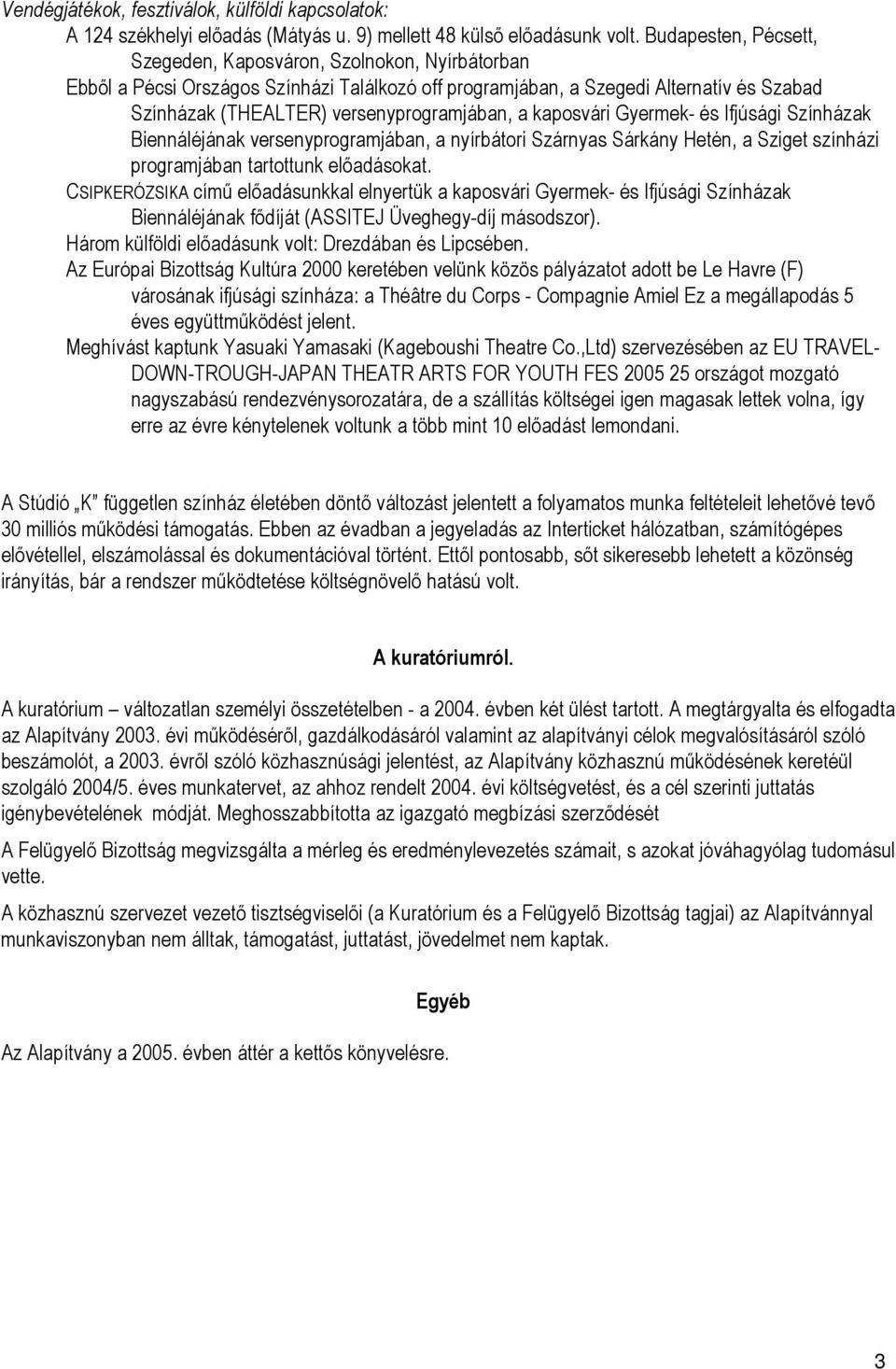 a kaposvári Gyermek- és Ifjúsági Színházak Biennáléjának versenyprogramjában, a nyírbátori Szárnyas Sárkány Hetén, a Sziget színházi programjában tartottunk előadásokat.