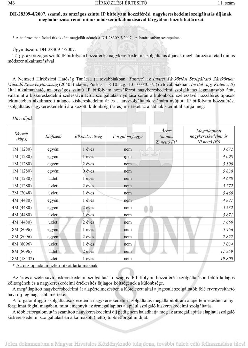 titkokként megjelölt adatok a DH-28309-3/2007. sz. határozatban szerepelnek. Ügyiratszám: DH-28309-4/2007.