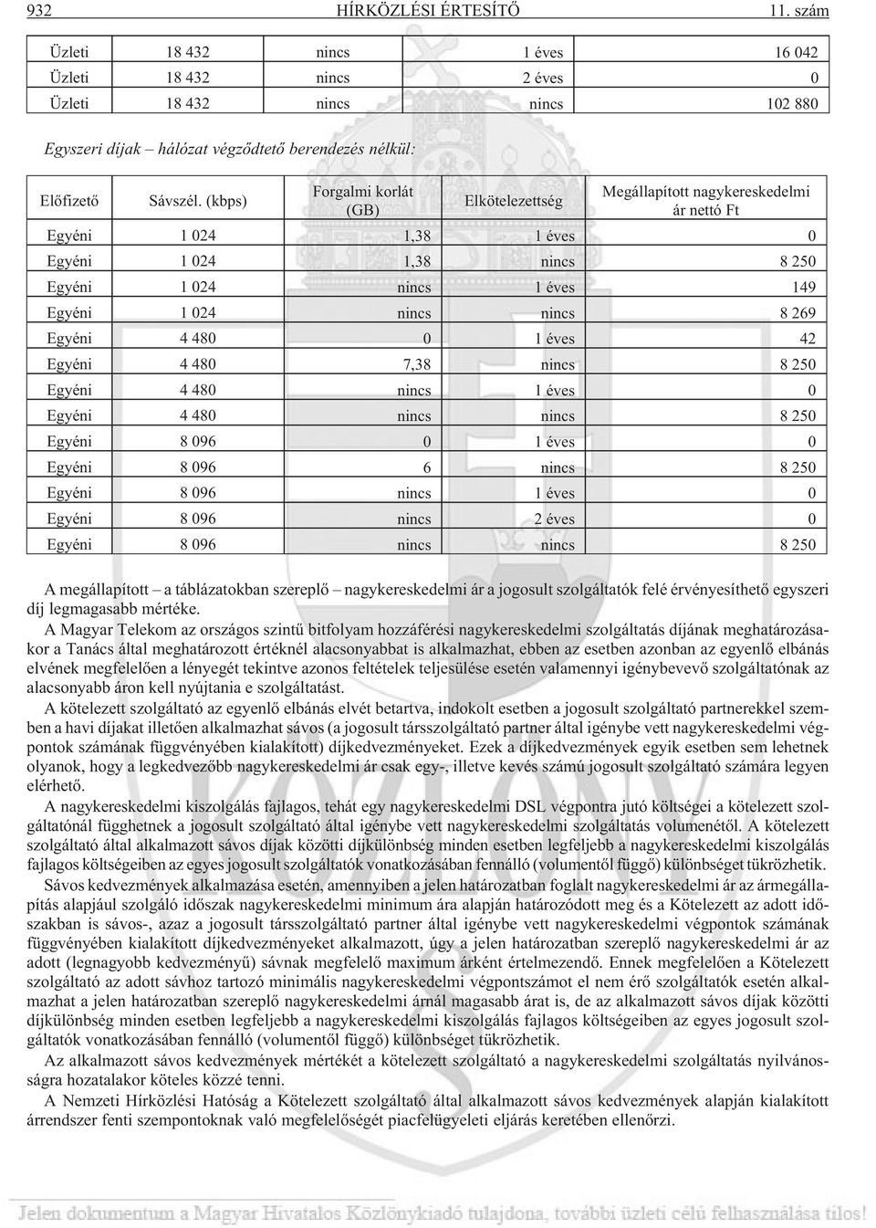 (kbps) Forgalmi korlát (GB) Elkötelezettség Megállapított nagykereskedelmi ár nettó Ft Egyéni 1 024 1,38 1 éves 0 Egyéni 1 024 1,38 nincs 8 250 Egyéni 1 024 nincs 1 éves 149 Egyéni 1 024 nincs nincs