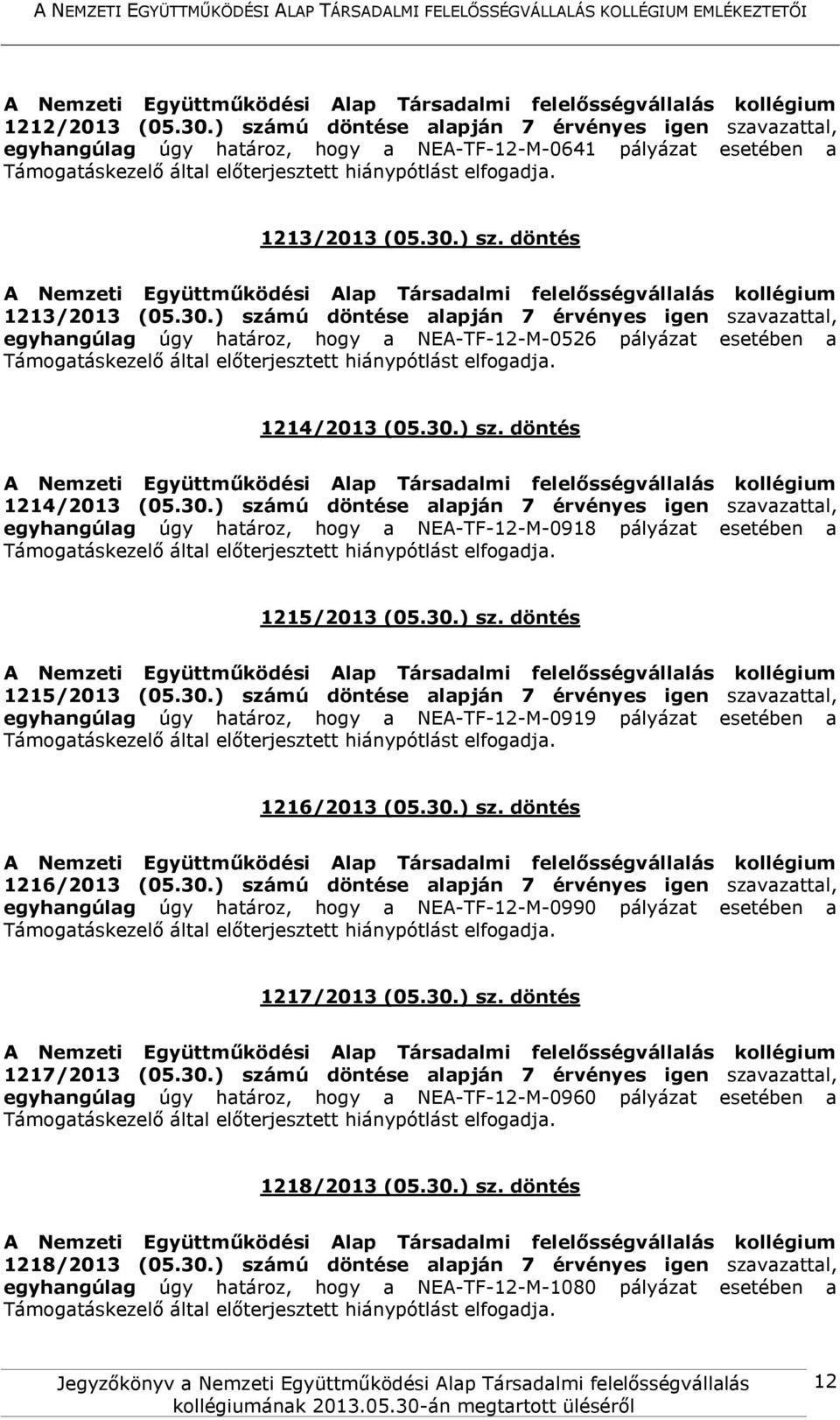 30.) számú döntése alapján 7 érvényes igen szavazattal, egyhangúlag úgy határoz, hogy a NEA-TF-12-M-0919 pályázat esetében a 1216/2013 (05.30.) sz. döntés 1216/2013 (05.30.) számú döntése alapján 7 érvényes igen szavazattal, egyhangúlag úgy határoz, hogy a NEA-TF-12-M-0990 pályázat esetében a 1217/2013 (05.