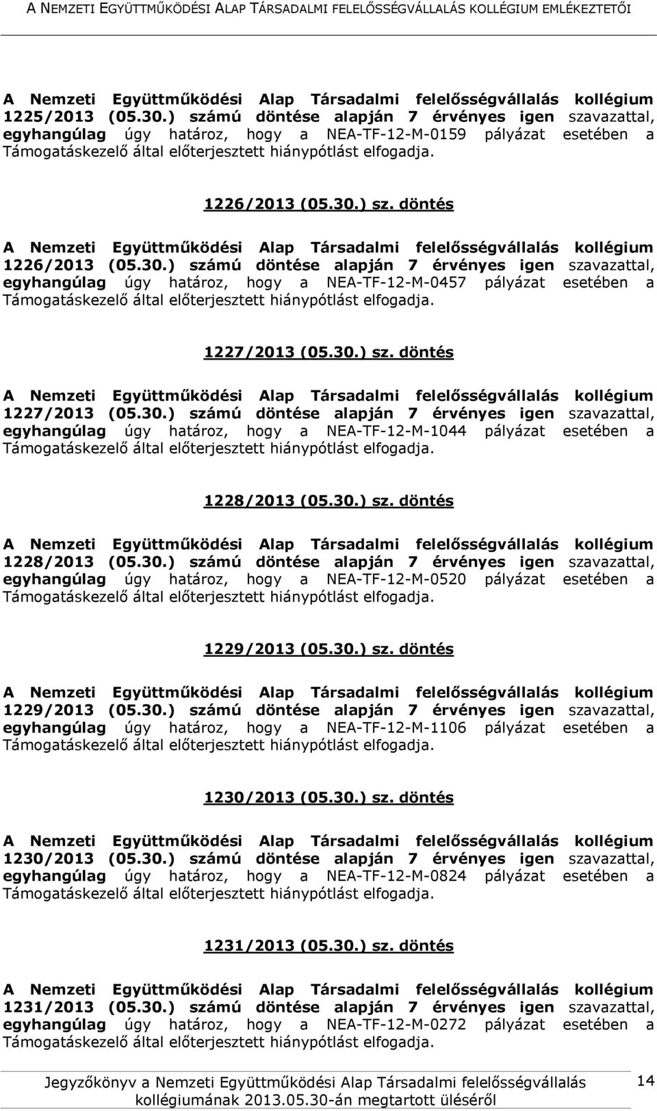 30.) számú döntése alapján 7 érvényes igen szavazattal, egyhangúlag úgy határoz, hogy a NEA-TF-12-M-0520 pályázat esetében a 1229/2013 (05.30.) sz. döntés 1229/2013 (05.30.) számú döntése alapján 7 érvényes igen szavazattal, egyhangúlag úgy határoz, hogy a NEA-TF-12-M-1106 pályázat esetében a 1230/2013 (05.