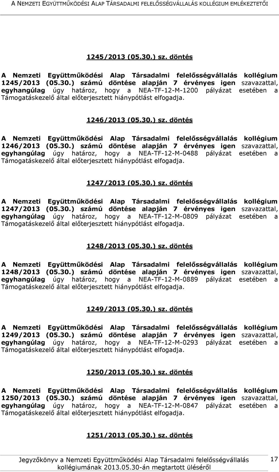 30.) sz. döntés 1248/2013 (05.30.) számú döntése alapján 7 érvényes igen szavazattal, egyhangúlag úgy határoz, hogy a NEA-TF-12-M-0889 pályázat esetében a 1249/2013 (05.30.) sz. döntés 1249/2013 (05.