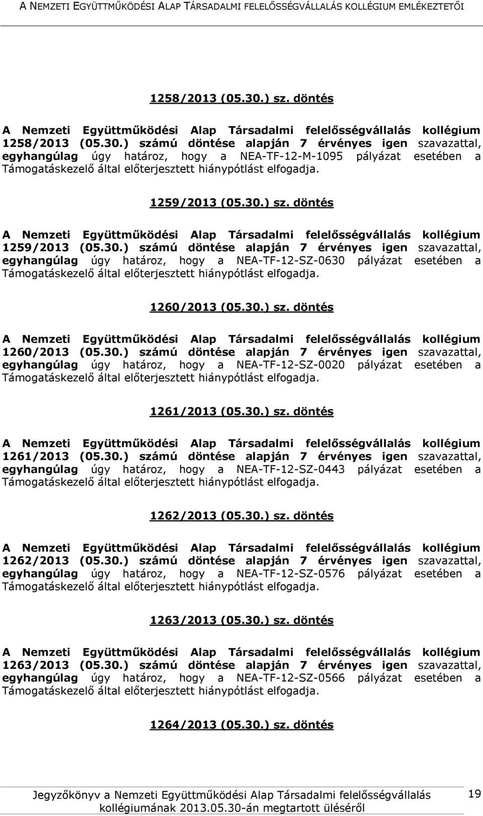 30.) sz. döntés 1261/2013 (05.30.) számú döntése alapján 7 érvényes igen szavazattal, egyhangúlag úgy határoz, hogy a NEA-TF-12-SZ-0443 pályázat esetében a 1262/2013 (05.30.) sz. döntés 1262/2013 (05.