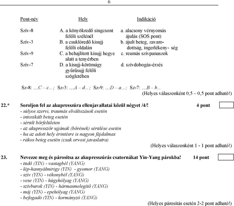 szívdobogás-érzés gyűrűsujj felőli szögletében Sz-8: C c ; Sz-3: A d ; Sz-9: D a ; Sz-7: B b 22.* Soroljon fel az akupresszúra ellenjavallatai közül négyet /4/!