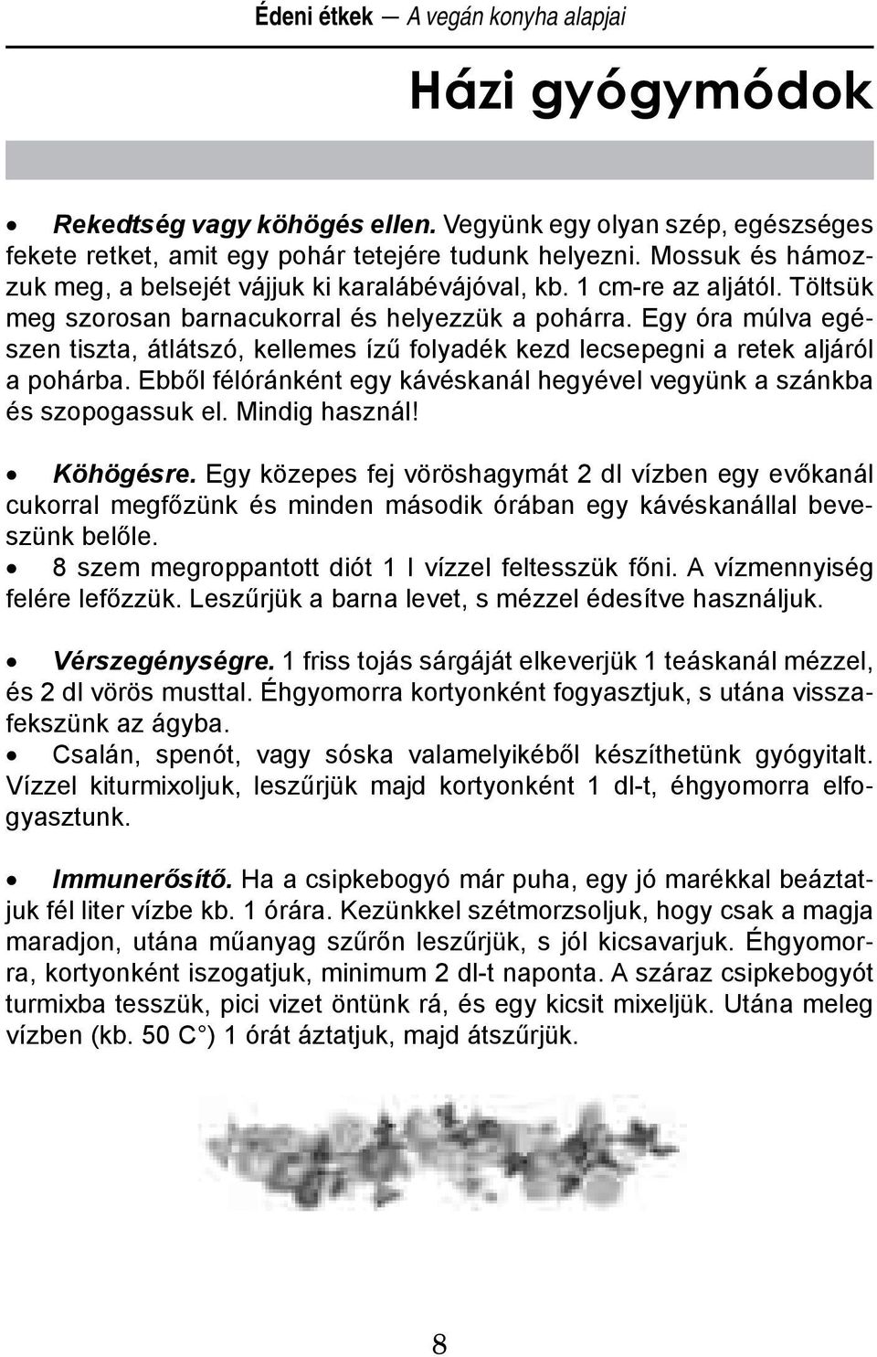 Egy óra múlva egészen tiszta, átlátszó, kellemes ízű folyadék kezd lecsepegni a retek aljáról a pohárba. Ebből félóránként egy kávéskanál hegyével vegyünk a szánkba és szopogassuk el. Mindig használ!