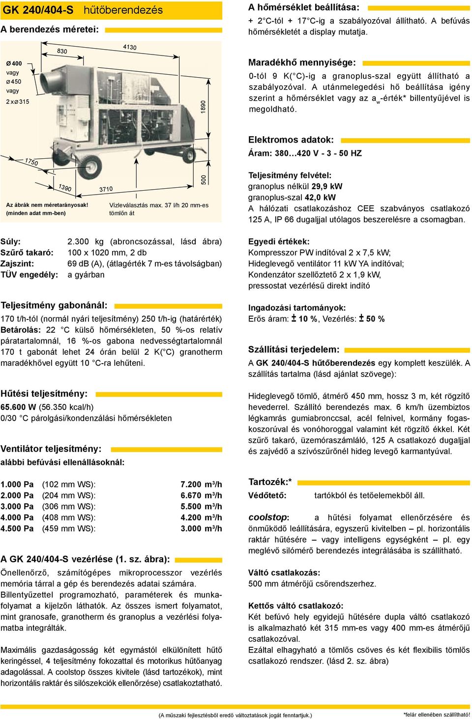 37 l/h 20 mm-es tömlőn át granoplus nélkül 29,9 kw granoplus-szal 42,0 kw A hálózati csatlakozáshoz CEE szabványos csatlakozó 125 A, IP 66 dugaljjal utólagos beszerelésre a csomagban.