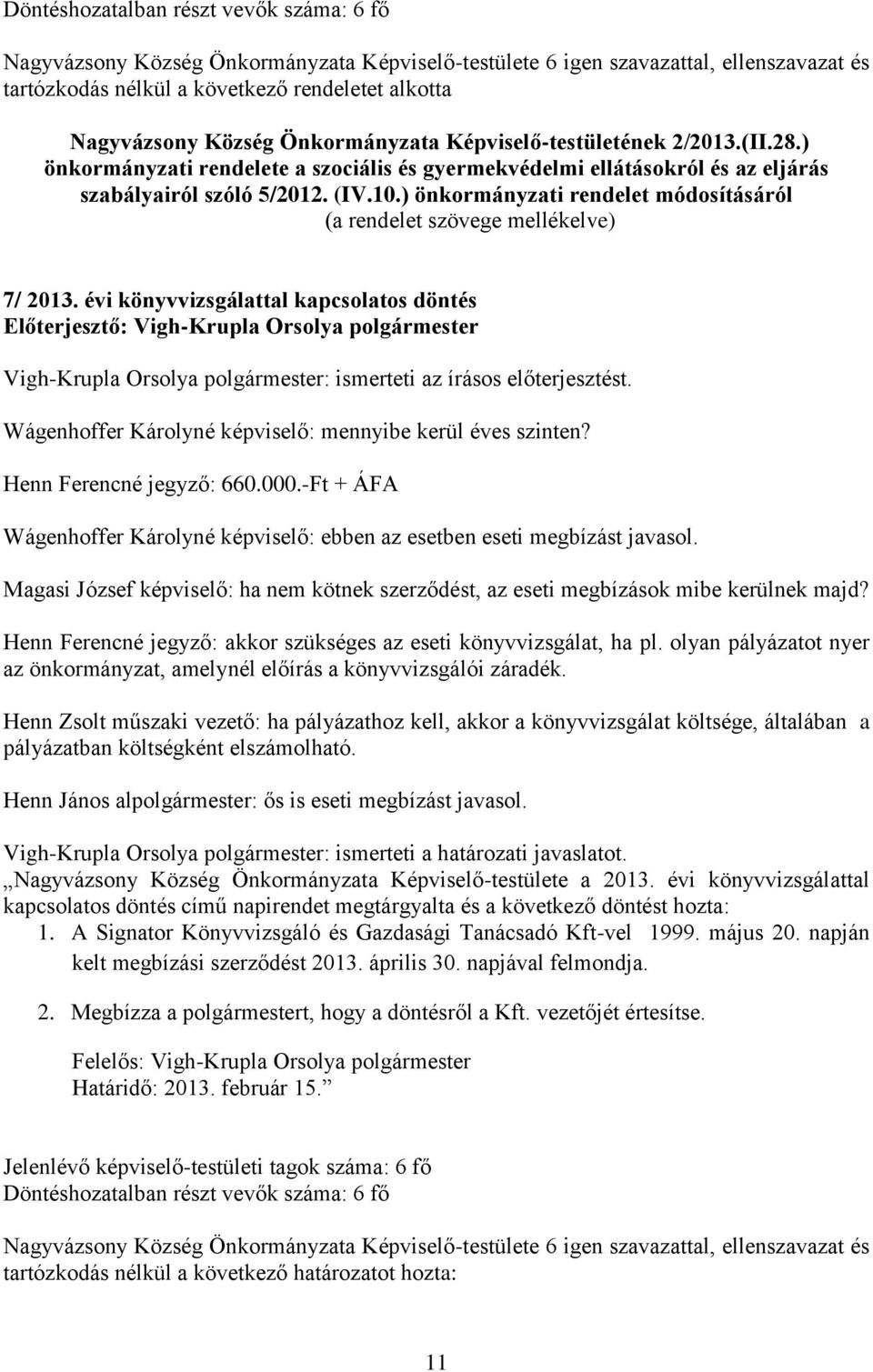 évi könyvvizsgálattal kapcsolatos döntés Vigh-Krupla Orsolya polgármester: ismerteti az írásos előterjesztést. Wágenhoffer Károlyné képviselő: mennyibe kerül éves szinten? Henn Ferencné jegyző: 660.