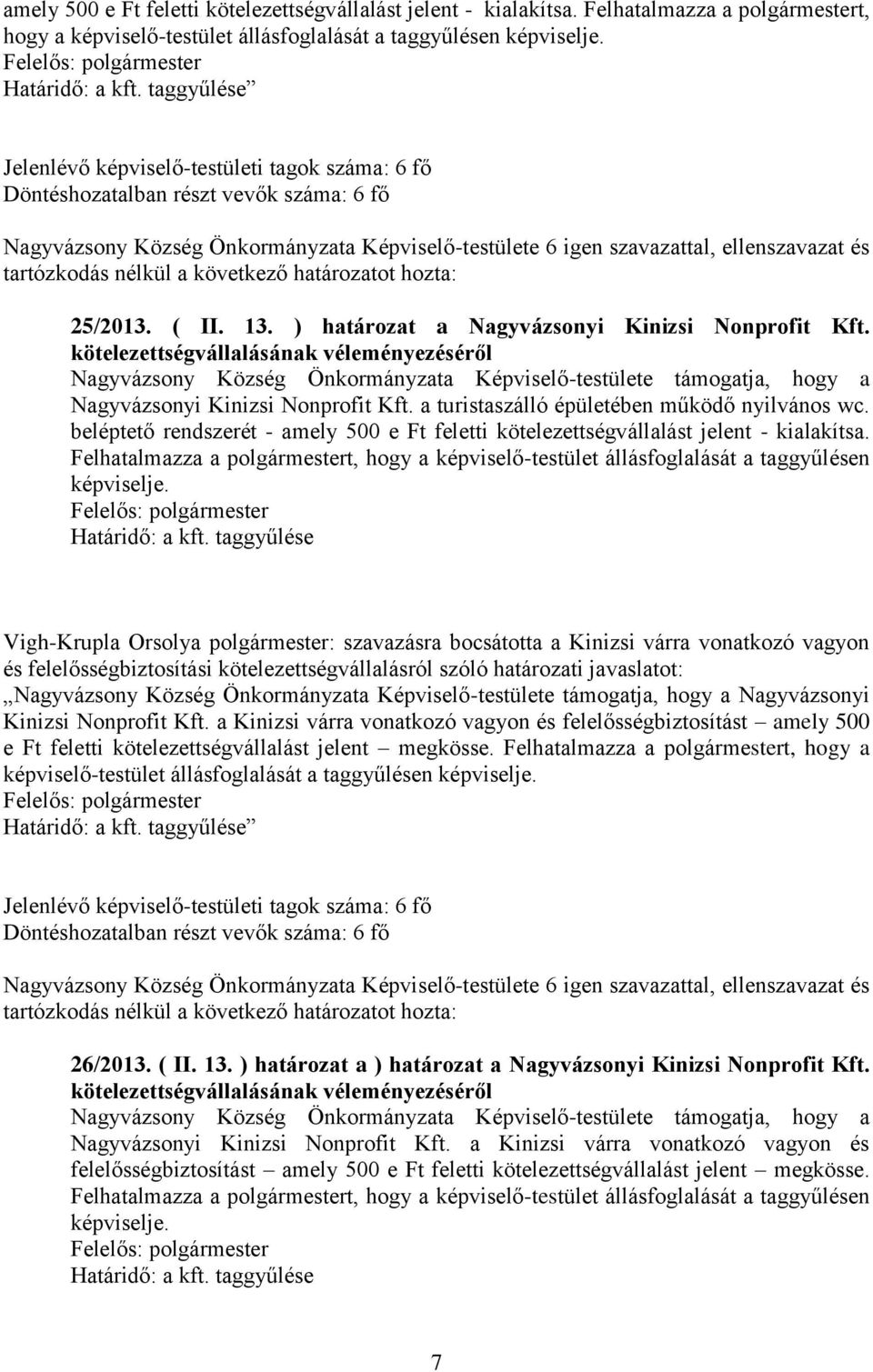 kötelezettségvállalásának véleményezéséről Nagyvázsony Község Önkormányzata Képviselő-testülete támogatja, hogy a Nagyvázsonyi Kinizsi Nonprofit Kft. a turistaszálló épületében működő nyilvános wc.