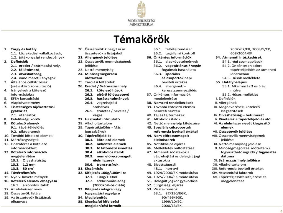 Felelősséi körök 9. Kötelező elemek 9.1. tápértékjelölés 9.2. piktoramok 10. További kötelező elemek 11. Mértékeyséek 12. Hozzáférés a kötelező információkhoz 13. Kötelező információk mejelenítése 13.