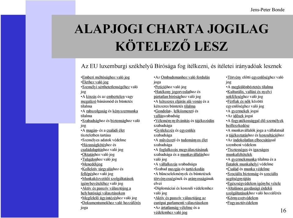 Személyes adatok védelme Házasságkötéshez és családalapításhoz való jog Oktatáshoz való jog Tulajdonhoz való jog Menedékjog Kollektív tárgyaláshoz és fellépéshez való jog Munkaközvetítői