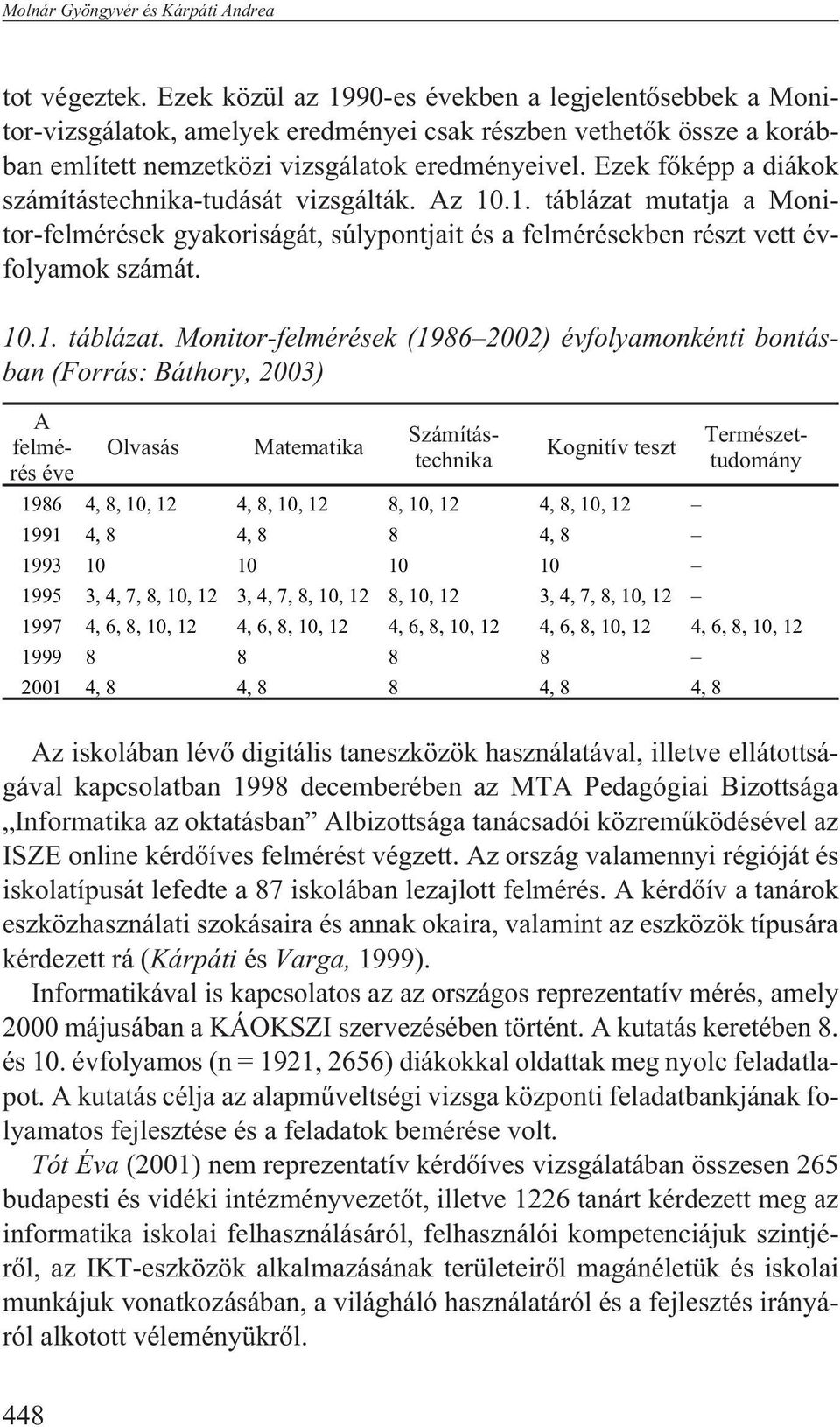 Ezek fõképp a diákok számítástechnika-tudását vizsgálták. Az 10.1. táblázat 