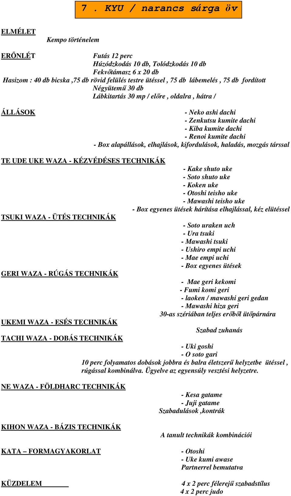 haladás, mozgás társsal TE UDE UKE WAZA - KÉZVÉDÉSES TECHNIKÁK - Kake shuto uke - Soto shuto uke - Koken uke - Otoshi teisho uke - Mawashi teisho uke - Box egyenes ütések hárítása elhajlással, kéz