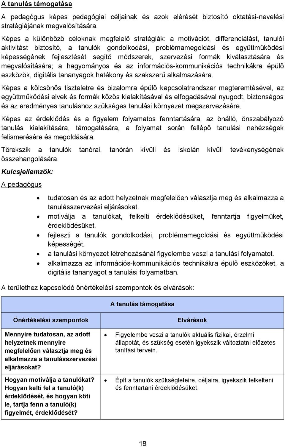 segítő módszerek, szervezési formák kiválasztására és megvalósítására; a hagyományos és az információs-kommunikációs technikákra épülő eszközök, digitális tananyagok hatékony és szakszerű