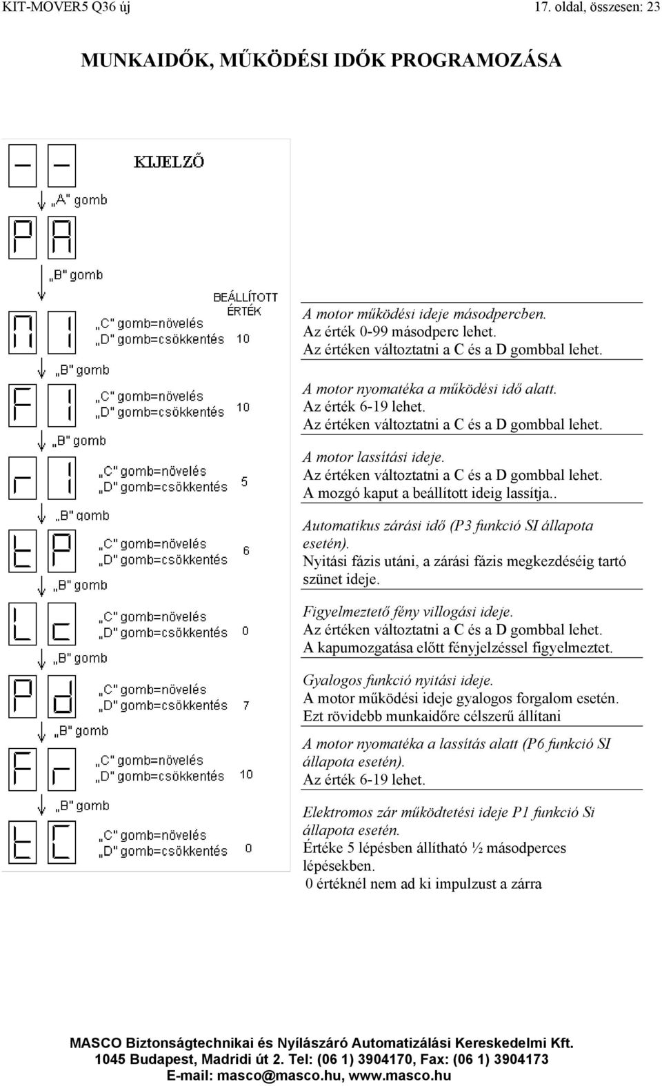 . Automatikus zárási idő (P3 funkció SI állapota esetén). Nyitási fázis utáni, a zárási fázis megkezdéséig tartó szünet ideje. Figyelmeztető fény villogási ideje.