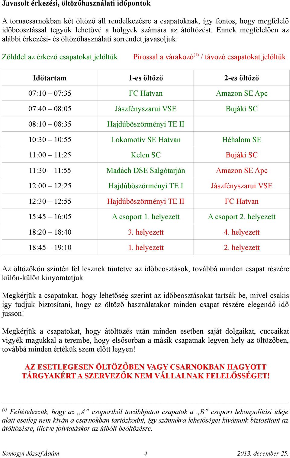 öltöző 07:10 07:35 FC Hatvan Amazon SE Apc 07:40 08:05 Jászfényszarui VSE Bujáki SC 08:10 08:35 Hajdúböszörményi TE II 10:30 10:55 Lokomotív SE Hatvan Héhalom SE 11:00 11:25 Kelen SC Bujáki SC 11:30