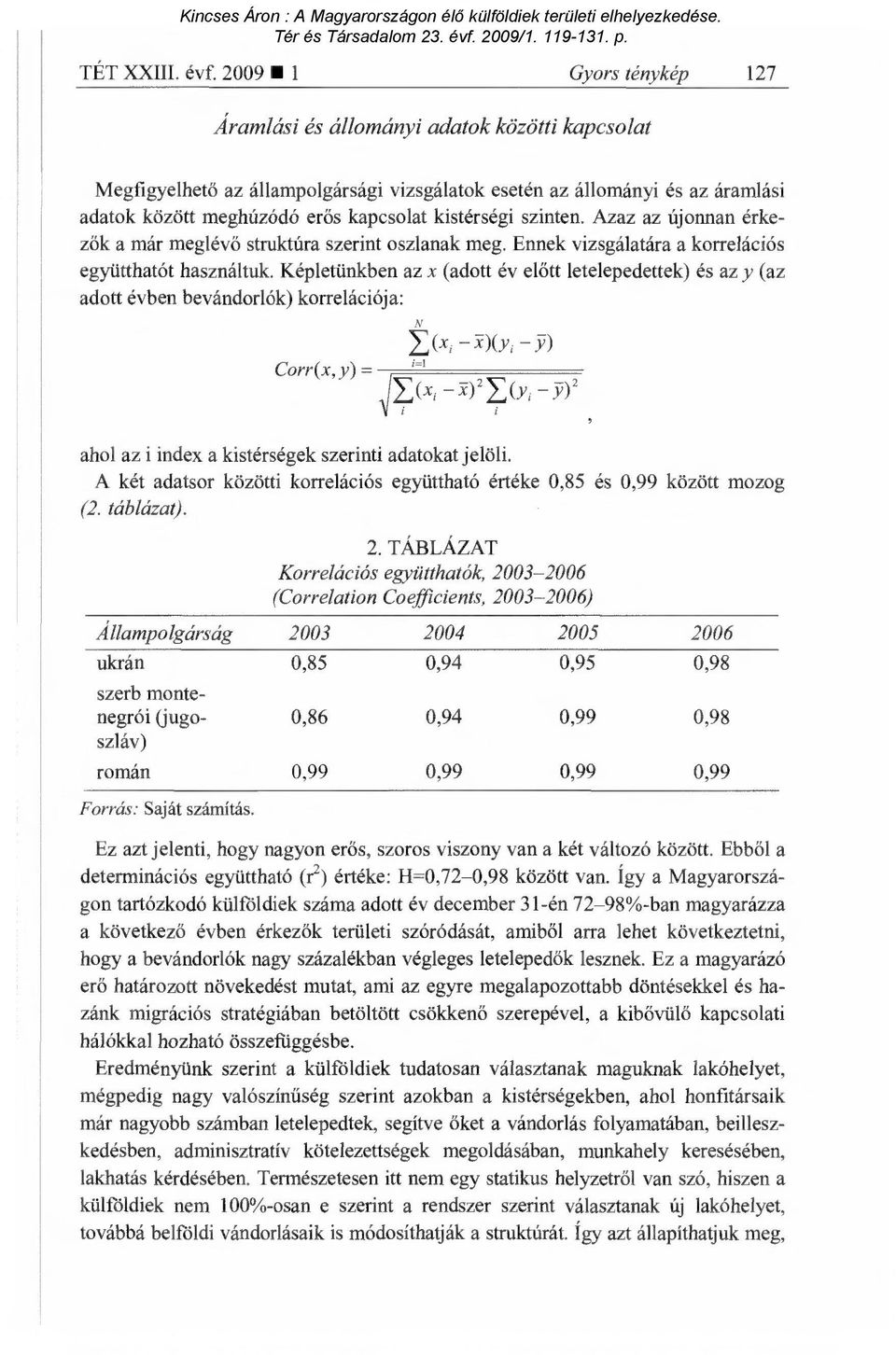 kistérségi szinten. Azaz az újonnan érkezők a már meglévő struktúra szerint oszlanak meg Ennek vizsgálatára a korrelációs együtthatót használtuk.