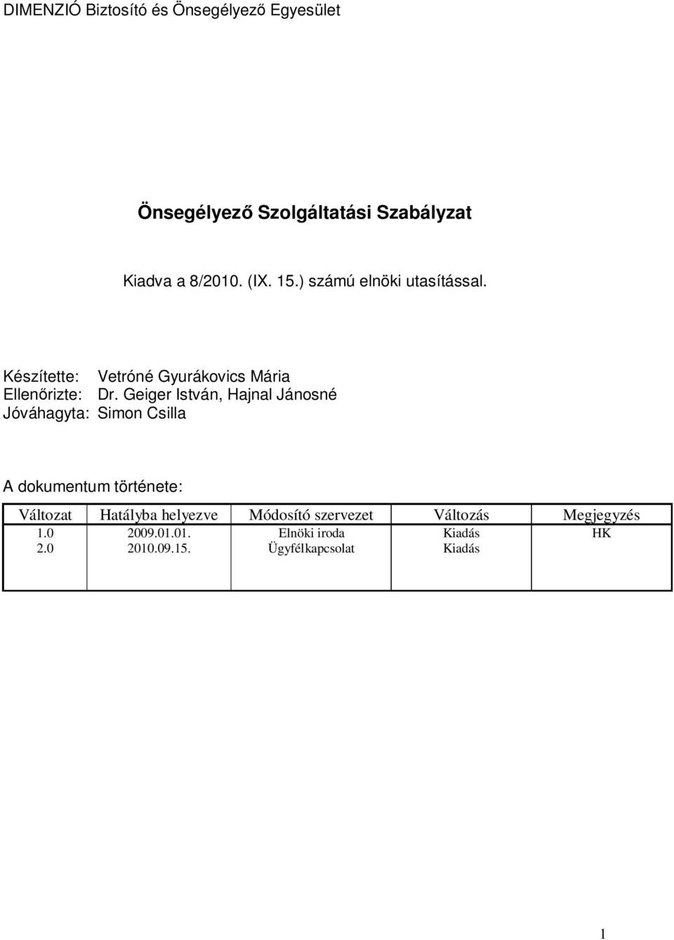 Geiger István, Hajnal Jánosné Jóváhagyta: Simon Csilla A dokumentum története: Változat Hatályba