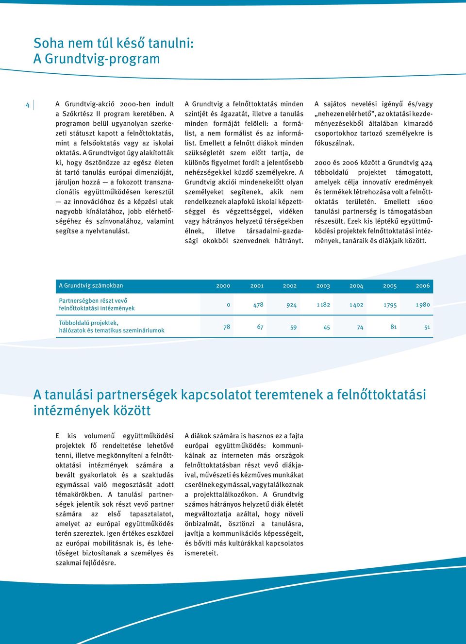 A Grundtvigot úgy alakították ki, hogy ösztönözze az egész életen át tartó tanulás európai dimenzióját, járuljon hozzá a fokozott transznacionális együttműködésen keresztül az innovációhoz és a