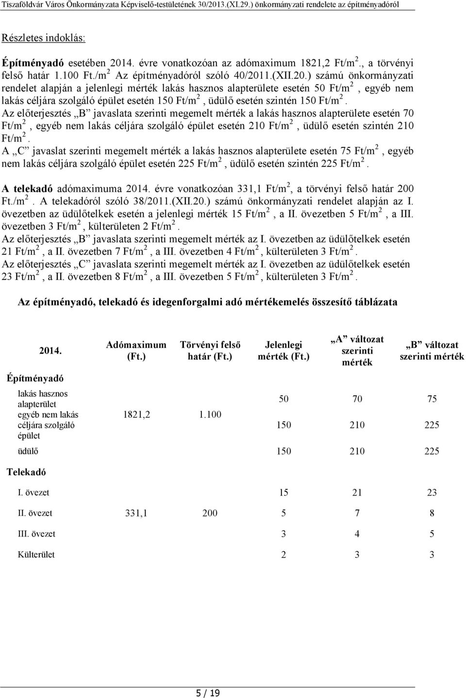 1.(XII.20.) számú önkormányzati rendelet alapján a jelenlegi lakás hasznos alapterülete esetén 50 Ft/m 2, egyéb nem lakás céljára szolgáló épület esetén 150 Ft/m 2, üdülő esetén szintén 150 Ft/m 2.