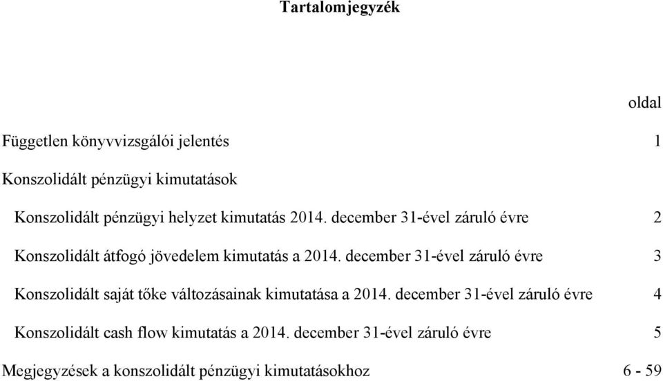 december 31-ével záruló évre 2 Konszolidált átfogó jövedelem kimutatás a 2014.