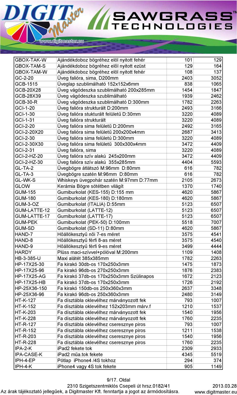 GCB-30-R Üveg vágódeszka szublimálható D:300mm 1782 2263 GCI-1-20 Üveg falióra strukturált D:200mm 2493 3166 GCI-1-30 Üveg falióra stukturált felületű D:30mm 3220 4089 GCI-1-31 Üveg falióra