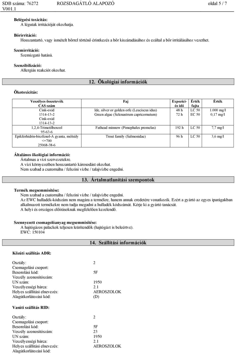 Szenzibilizáció: Allergiás reakciót okozhat. Ökotoxicitás: 12.