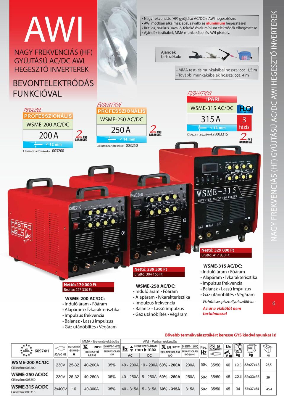 tartozékok: + + + IPARI WSME-315 AC/DC 315 A < 16 mm Cikkszám tartozékokkal : 003315 H 2 O 3 fázis NAGY FREKVENCIÁS (HF) GYÚJTÁSÚ AC/DC AWI HEGESZTŐ INVERTEREK Nettó: 329 000 Ft Bruttó: 417 830 Ft