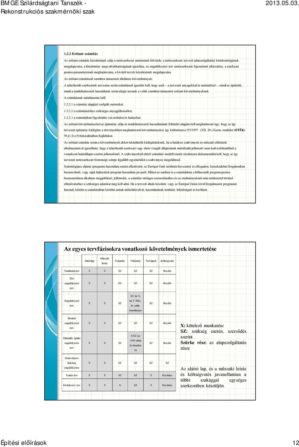 Az erőtani számítással szemben támasztott általános követelmények: A teherhordó szerkezetek tervezése során számítással igazolni kell, hogy azok a tervezett anyagokkal és méretekkel, mind az