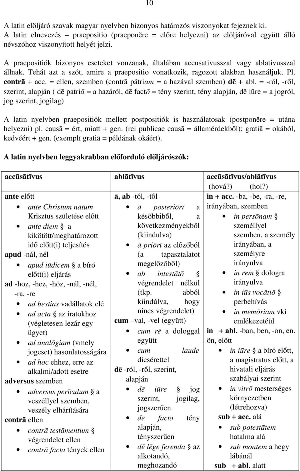 A praepositiók bizonyos eseteket vonzanak, általában accusativusszal vagy ablativusszal állnak. Tehát azt a szót, amire a praepositio vonatkozik, ragozott alakban használjuk. Pl. contrā + acc.