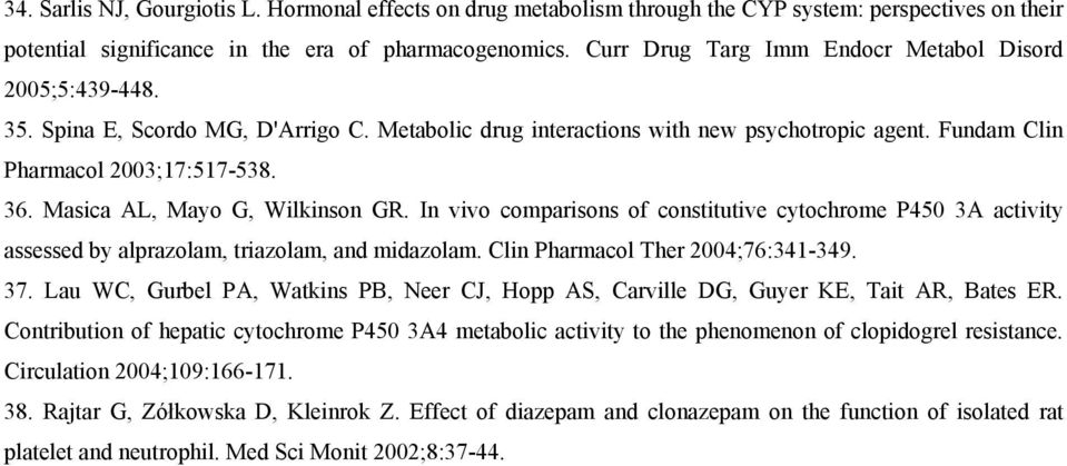 Masica AL, Mayo G, Wilkinson GR. In vivo comparisons of constitutive cytochrome P450 3A activity assessed by alprazolam, triazolam, and midazolam. Clin Pharmacol Ther 2004;76:341-349. 37.