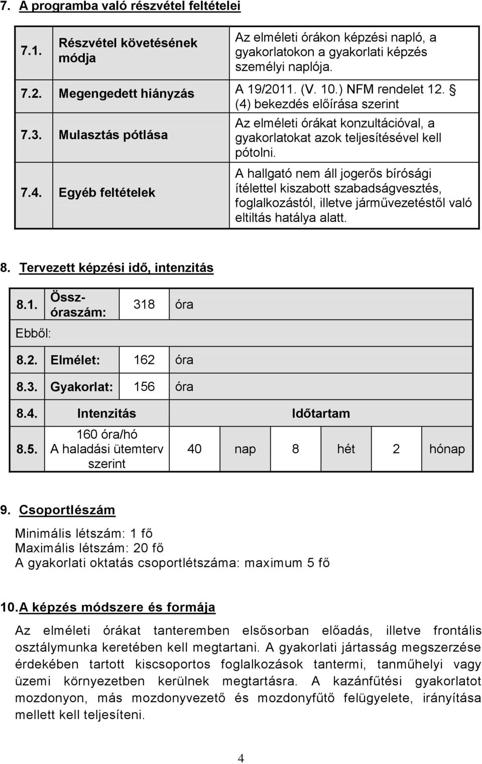 A hallgató nem áll jogerős bírósági ítélettel kiszabott szabadságvesztés, foglalkozástól, illetve járművezetéstől való eltiltás hatálya alatt. 8. Tervezett képzési idő, intenzitás 8.1.