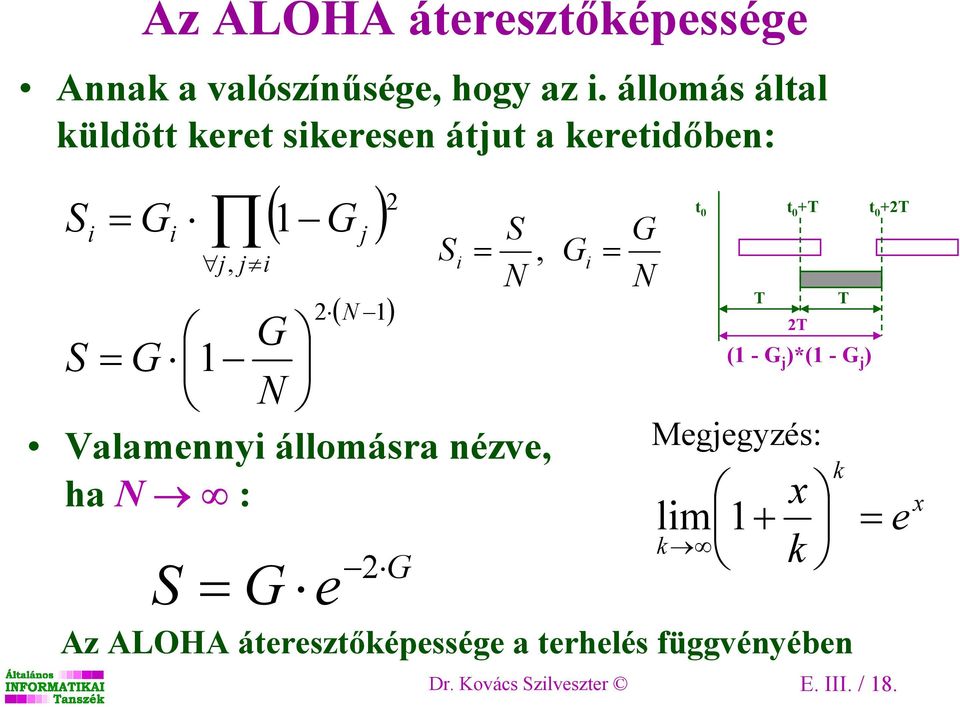 Valamennyi állomásra nézve, ha N : S = N G e 2 ( 1) 2 G S i = S N, G i = G N t 0 T lim 1 + k t 0 +T 2T