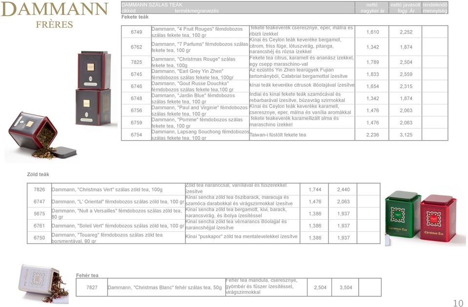 Kínai és Ceylon teák keveréke bergamot, Dammann, "7 Parfums" fémdobozos szálas citrom, friss füge, lótuszvirág, pitanga, 1,342 1,874 fekete tea, 100 gr narancshéj és rózsa ízekkel Dammann, "Christmas