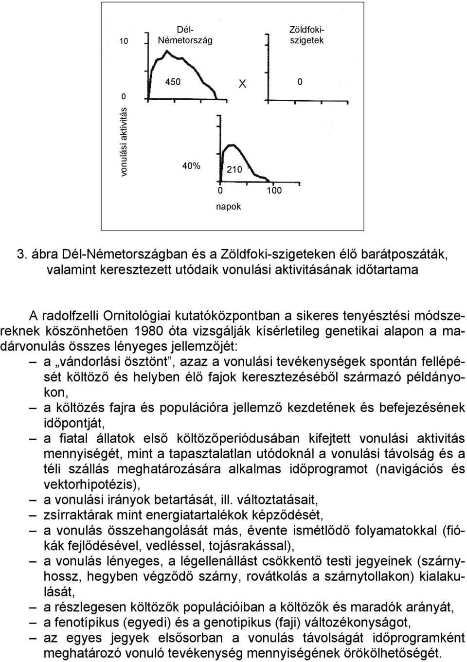 módszereknek köszönhetően 1980 óta vizsgálják kísérletileg genetikai alapon a madárvonulás összes lényeges jellemzőjét: a vándorlási ösztönt, azaz a vonulási tevékenységek spontán fellépését költöző