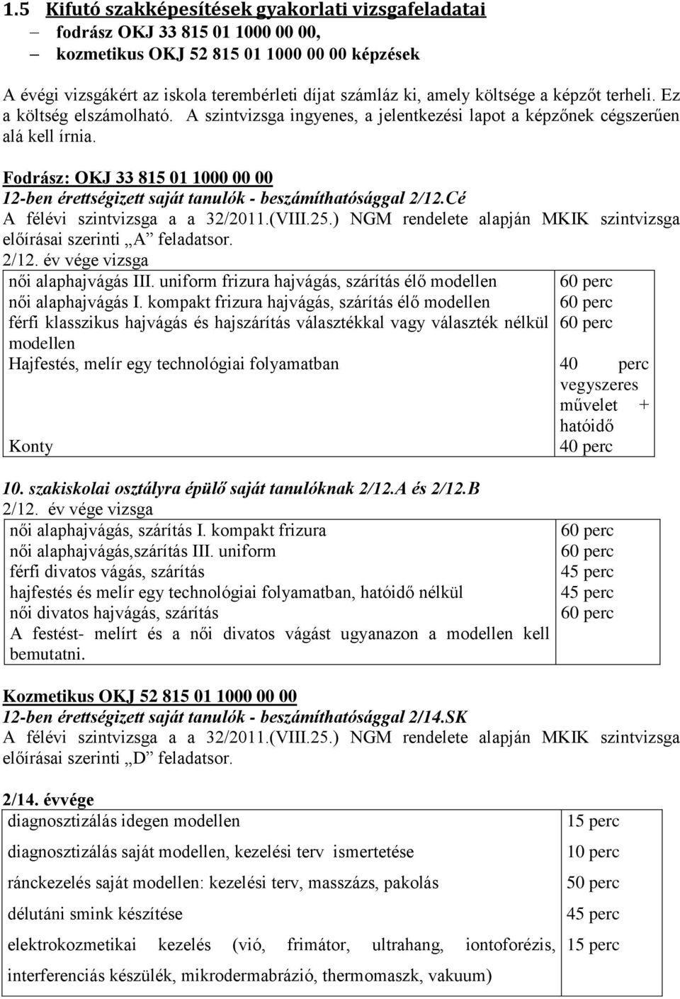 Fodrász: OKJ 33 815 01 1000 00 00 12-ben érettségizett saját tanulók - beszámíthatósággal 2/12.Cé A félévi szintvizsga a a 32/2011.(VIII.25.