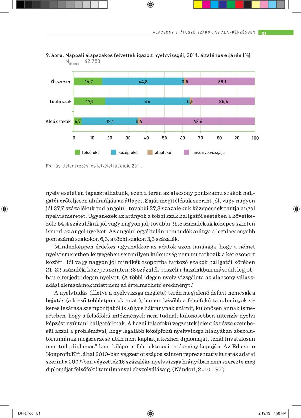 Forrás: Jelentkezési és felvételi adatok, 2011. nyelv esetében tapasztalhatunk, ezen a téren az alacsony pontszámú szakok hallgatói erőteljesen alulmúlják az átlagot.