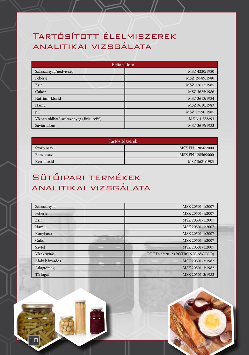 12856:2000 Kén-dioxid MSZ 3621:1983 Sütőipari termékek analitikai vizsgálata Szárazanyag MSZ 20501-1:2007 Fehérje MSZ 20501-1:2007 Zsír MSZ 20501-1:2007 Hamu MSZ 20501-1:2007 Konyhasó