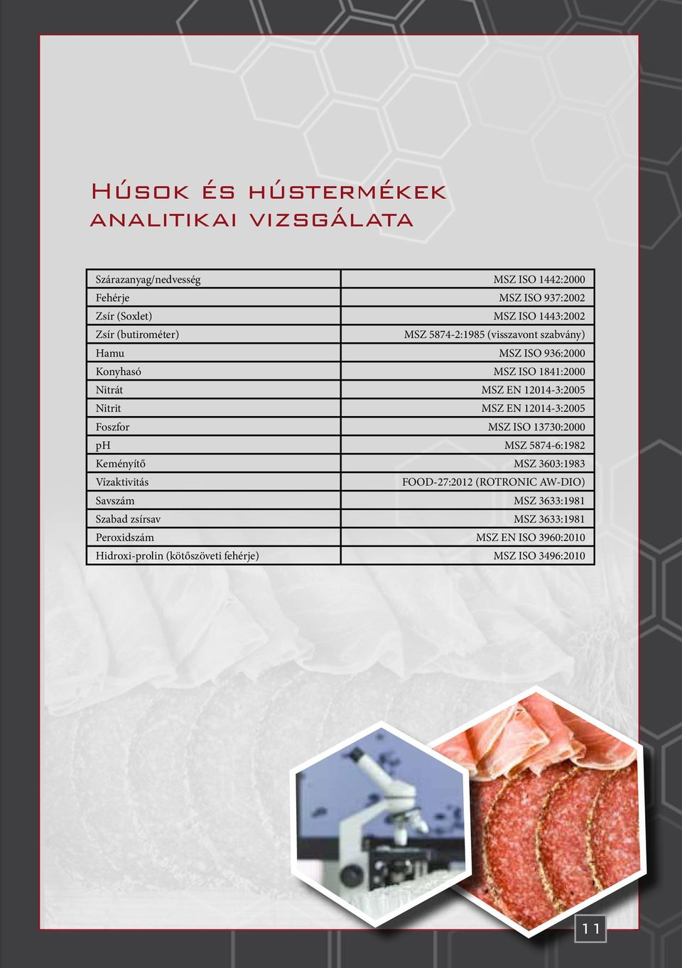 12014-3:2005 Nitrit MSZ EN 12014-3:2005 Foszfor MSZ ISO 13730:2000 ph MSZ 5874-6:1982 Keményítő MSZ 3603:1983 Vízaktivitás FOOD-27:2012