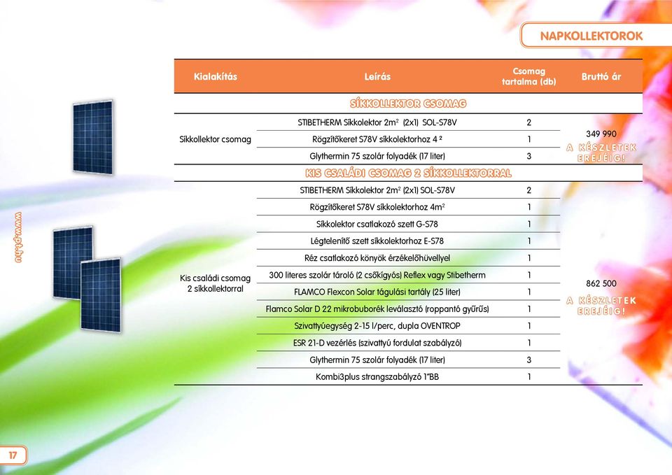 Rögzítőkeret S78V síkkolektorhoz 4m 2 1 Síkkolektor csatlakozó szett G-S78 1 Légtelenítő szett síkkolektorhoz E-S78 1 Réz csatlakozó könyök érzékelőhüvellyel 1 Kis családi csomag 2 síkkollektorral