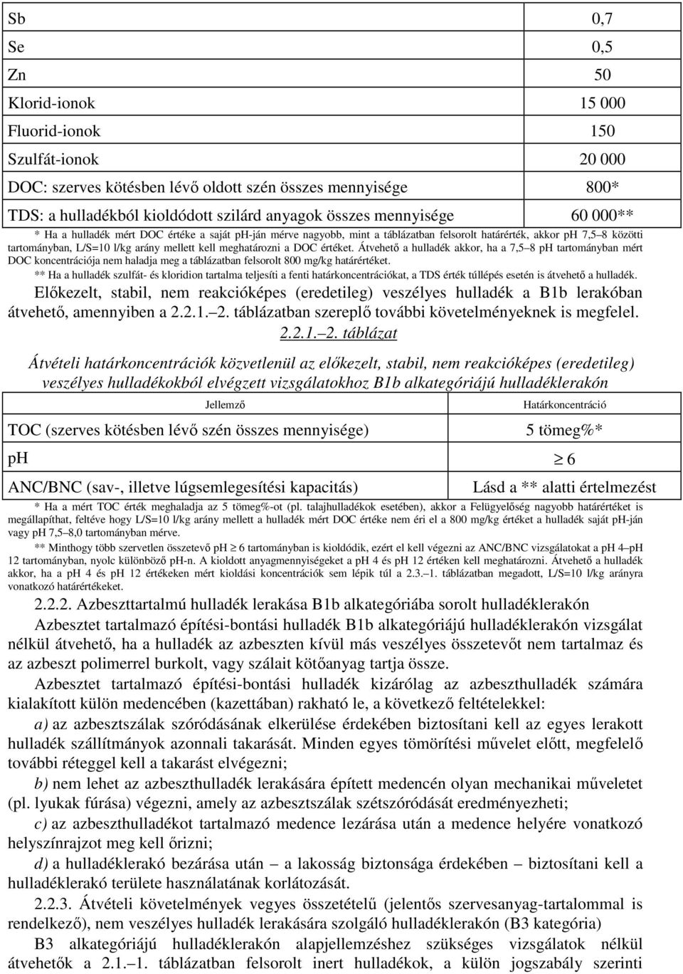 meghatározni a DOC értéket. Átvehető a hulladék akkor, ha a 7,5 8 ph tartományban mért DOC koncentrációja nem haladja meg a táblázatban felsorolt 800 mg/kg határértéket.